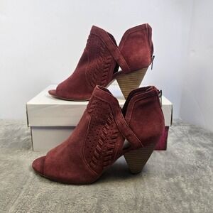 Vince Camuto Burgundy Suede Peep Toe Booties Laser Cut Ankle Boots Size 8.5M